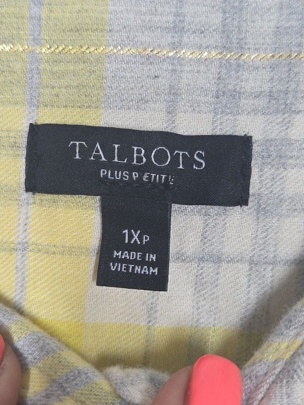 Talbots Cotton Flannel Button Front Shirt Yellow 1XP Plaid Silver Thread PETITE - Picture 4 of 9